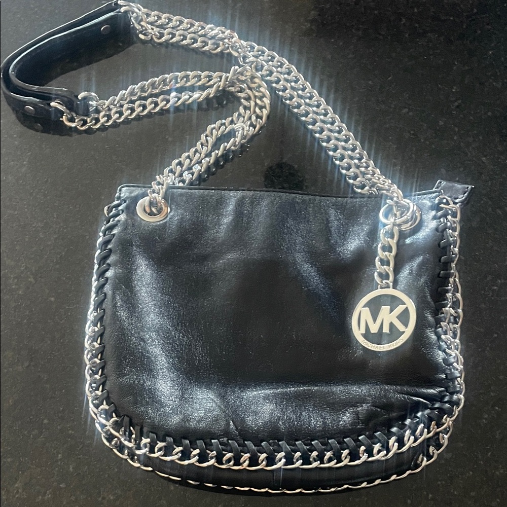 Michael Kors Black Shoulder Bag with Silver Chain Strap and MK Charm